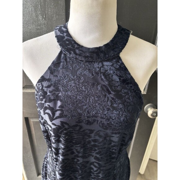City Triangles WhimsiGoth Mini Dress Burnout Velvet Navy Blue Halter Top, A Line - Picture 2 of 10